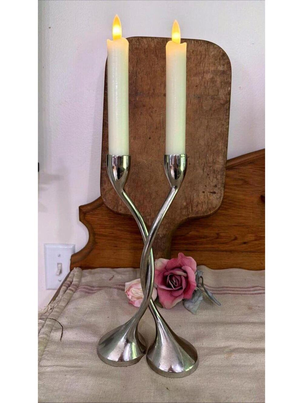 VTG Silver Tone Twist Interlocking Candlestick Holders Couple Love Romantic 10”